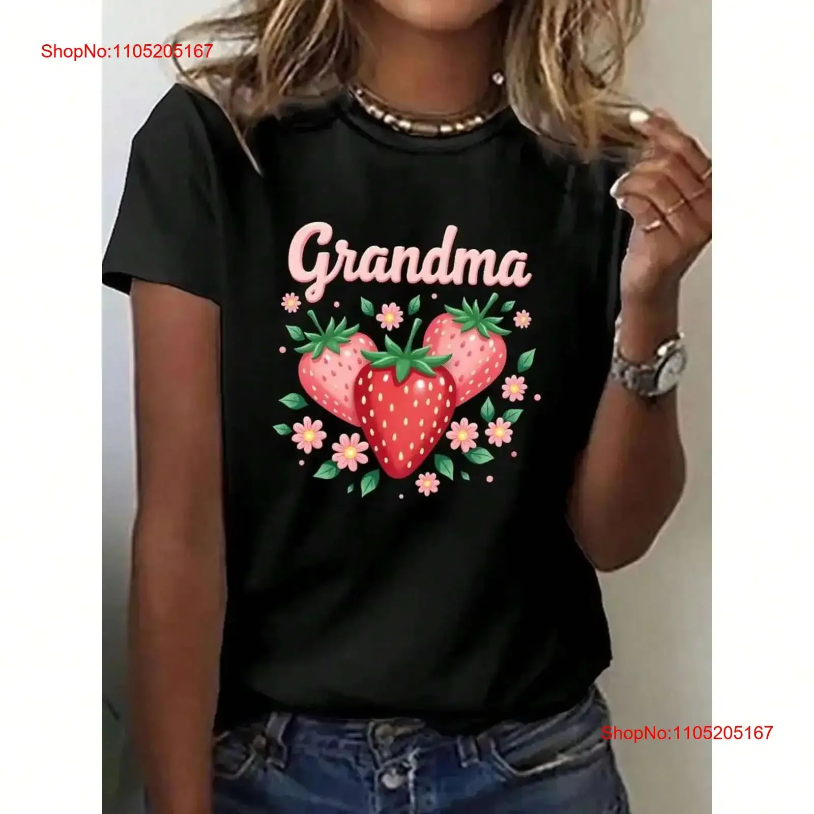 Women's Grandma Strawberry and Flower Pattern T shirt  Casual Top vintage Washed streetwear Soft designer clothes Stretched