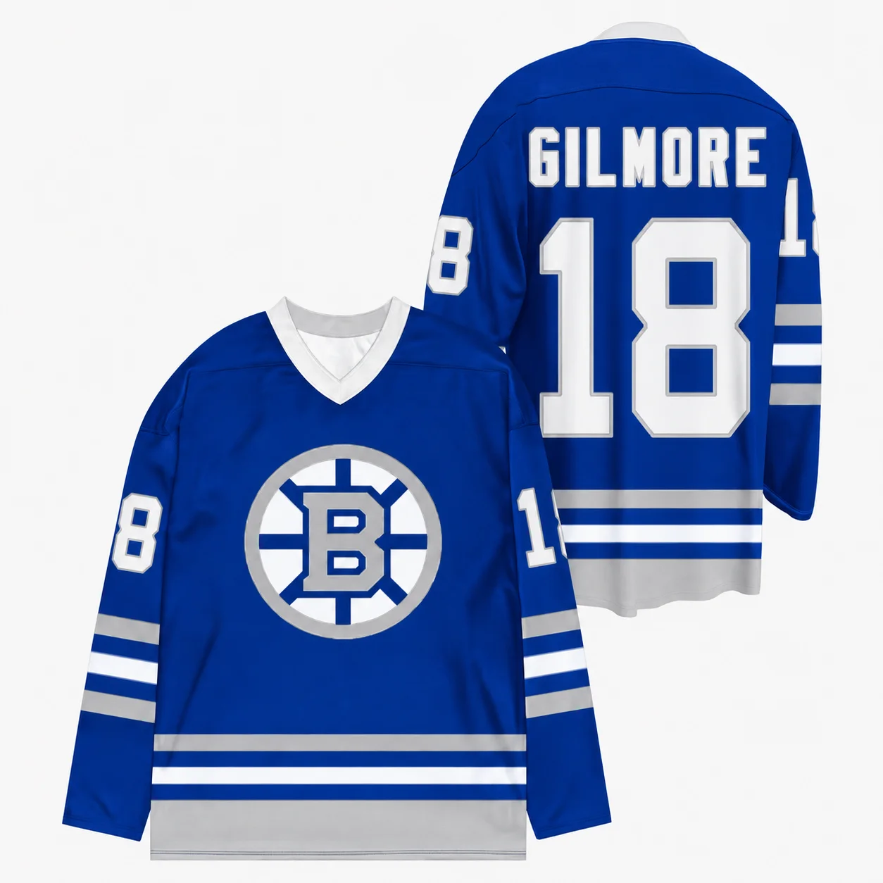 Happy Gilmore 2 Hockey-Trikot 18, V-Ausschnitt, langärmelig, schwarz-goldener Streifen, Boston Bruins-Stil, Unisex, für Männer und Frauen, Geschenk für Filmfans. – Detail 2