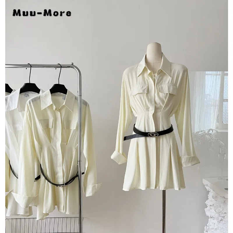 

2023 Autumn Vintage Long Sleeve Turn-Down Collar Mini Shirt Dresses Women's Elegant Classic Office Lady Solid Blouse Dress