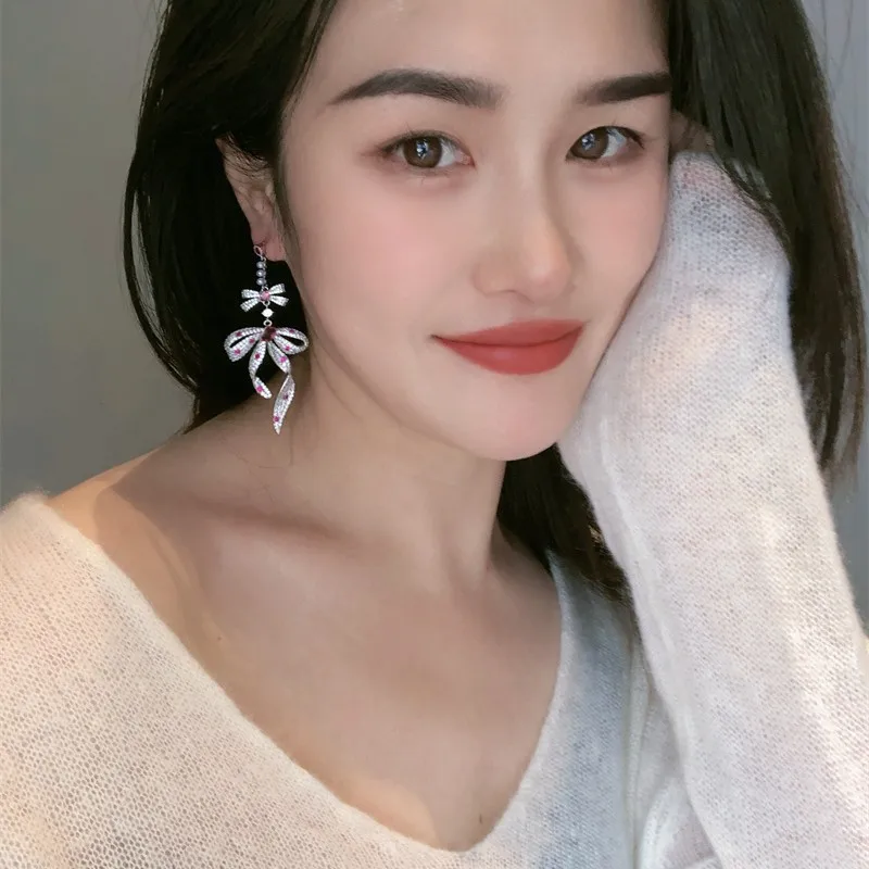 Micro Pave Zircon Bow Ribbon Dangle Earrings Heavy Craft Niche Light Luxury Women Jewelry Gift