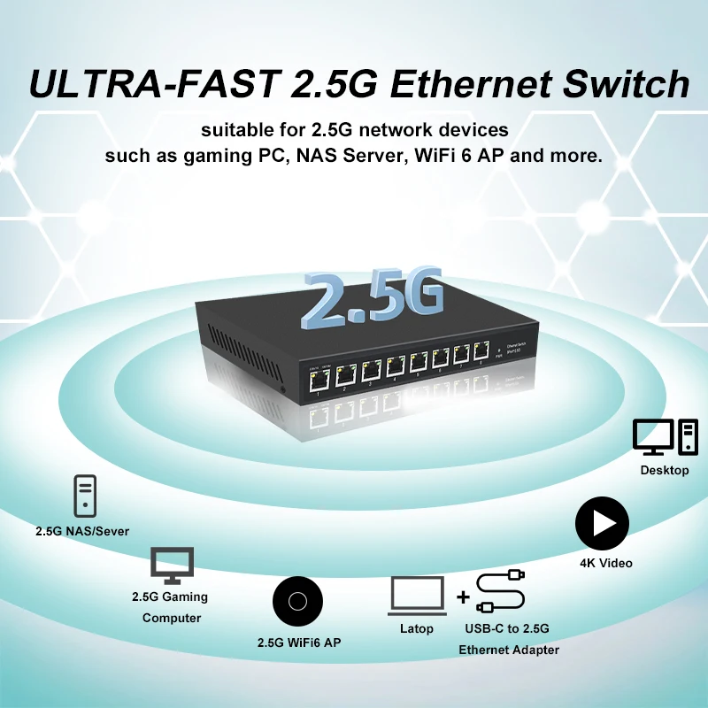 JT-COM 5 ou 8 commutateur ethernet du port 2.5G et commutateur ethernet du lien 2.5G avec le gigabit RJ45 ou le commutateur fanless de réseau de