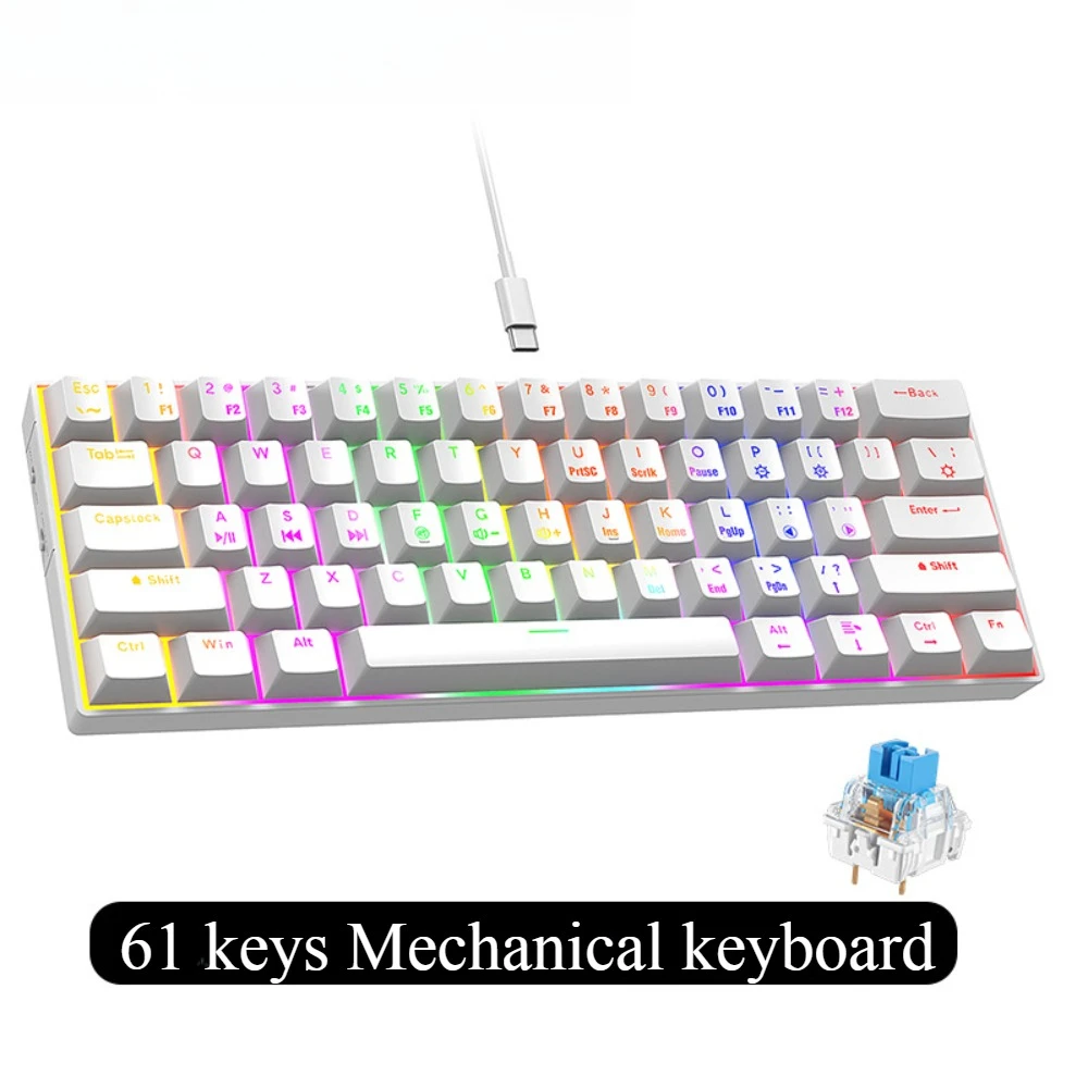 Wired 61 Key Mechanical Keyboard with Backlight for Gaming 60 Percent Clavier White Keyboards Mini Klawiatura Tastiera Meccanica