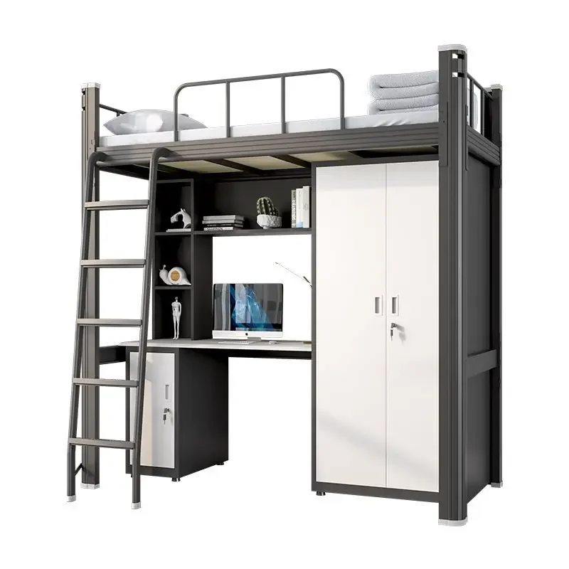 Single loft bed with integrated desk, newly designed metal bunk bed furniture for student dormitories or school accommodations