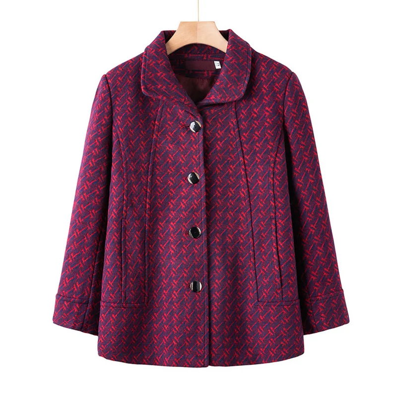 Middle-Aged And Elderly Mothers Spring Autumn New Women Woolen Coat Turndown Collar Single-Breasted Wool Ladies Jacket