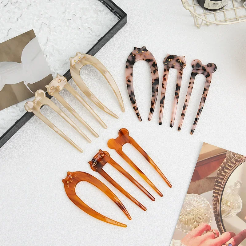 Creative Design Cute Cat U-shaped Acetate Hairpin Hair Stick for Women Vintage New Chinese Geometric Hair Clasp Hair Accessories