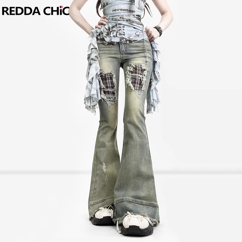 

REDDACHiC Destroyed Bootcut Women Jeans Trendy Vintage High Rise Plaid Patches Distressed Raw Edge Tight Pants Y2K Bell Bottoms