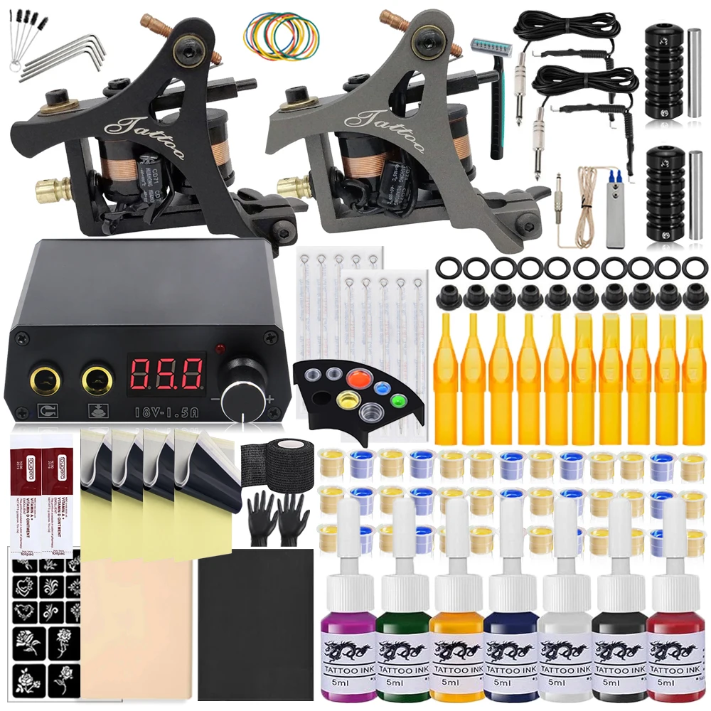 Complete Coils Tattoo Machine Kit Rotary Tattoo Gun Machine Kit Liner Shader Machine Set with Tattoo Needles for Tattoo Beginner