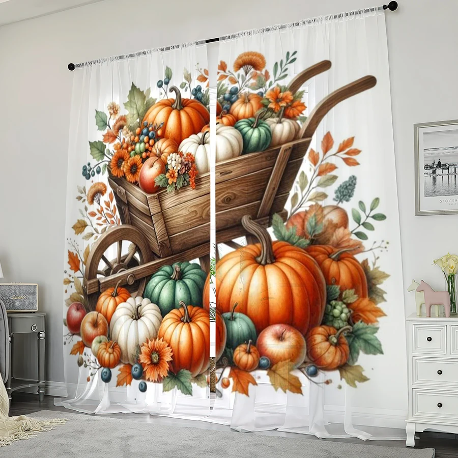 2PCS Digital Print Sheer Curtain, Fall Harvest Pumpkin Wheelbarrow Autumn Farm Window Drapes for Living Room Bedroom Home Decor