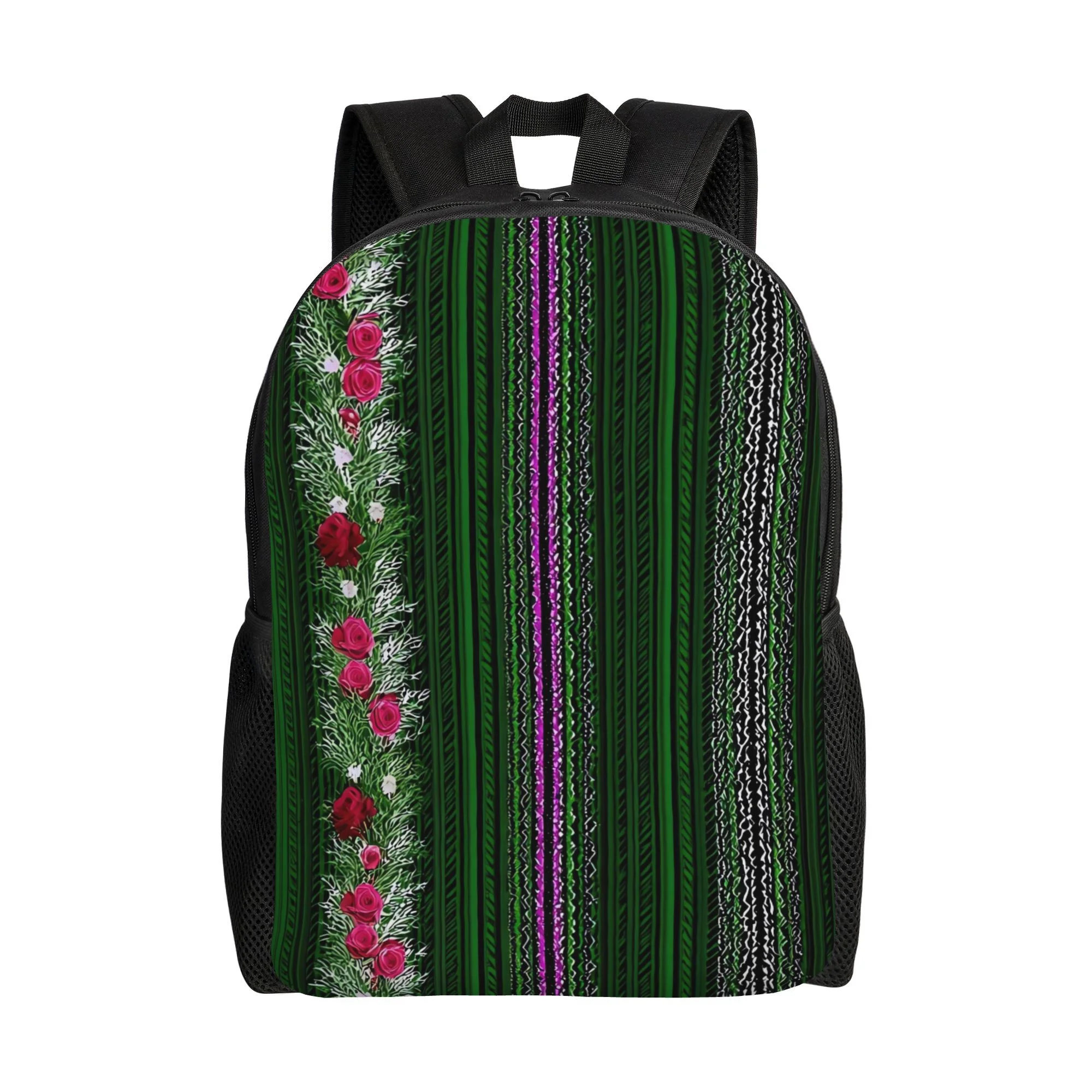 

Green and black plant leaf print backpack - Mexican style Marigal vertical stripes with pink roses - Lightweight for college