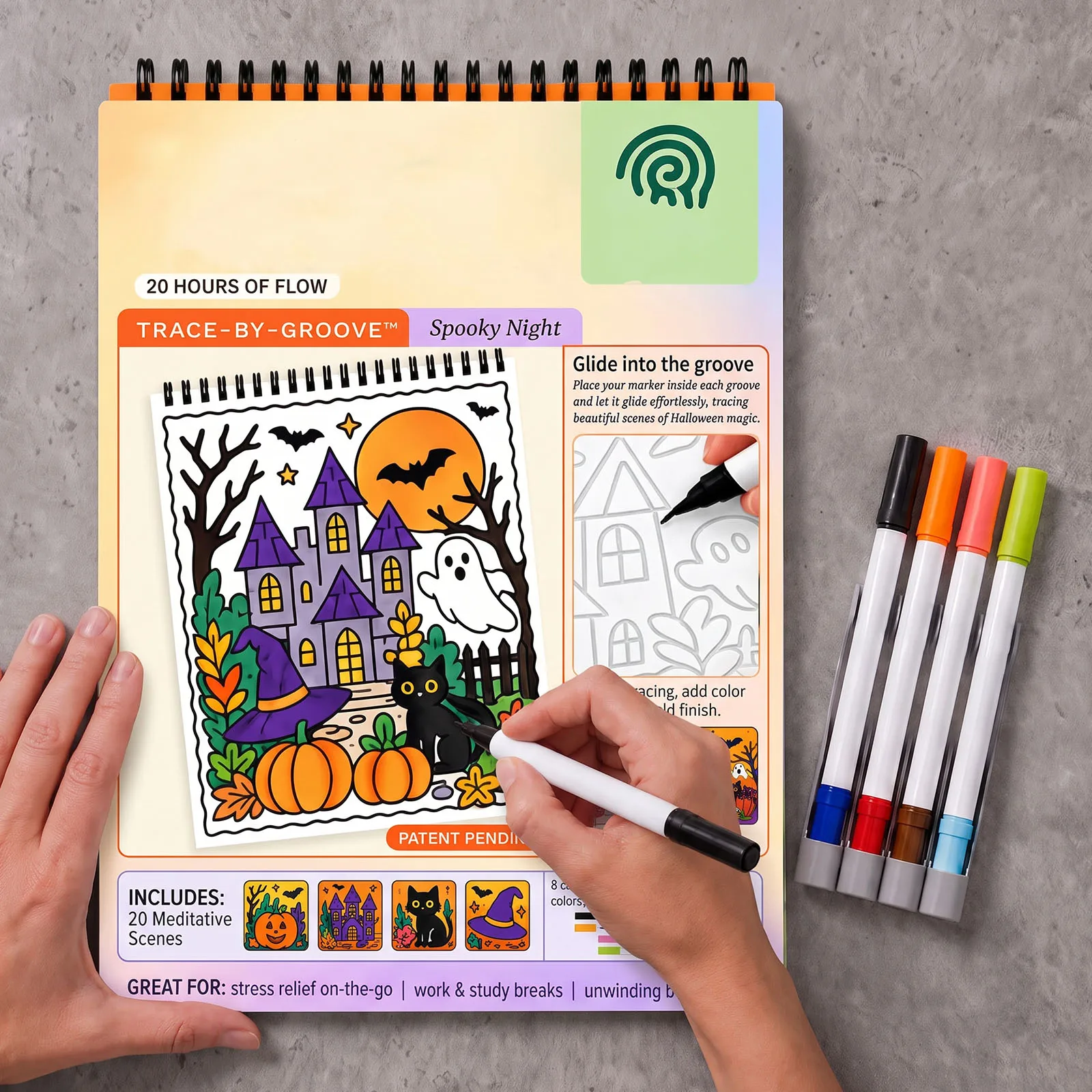 Trace-by-Groove Coloring Book Set 20 Scenes Dual-Tip Markers Creative Drawing Notebook