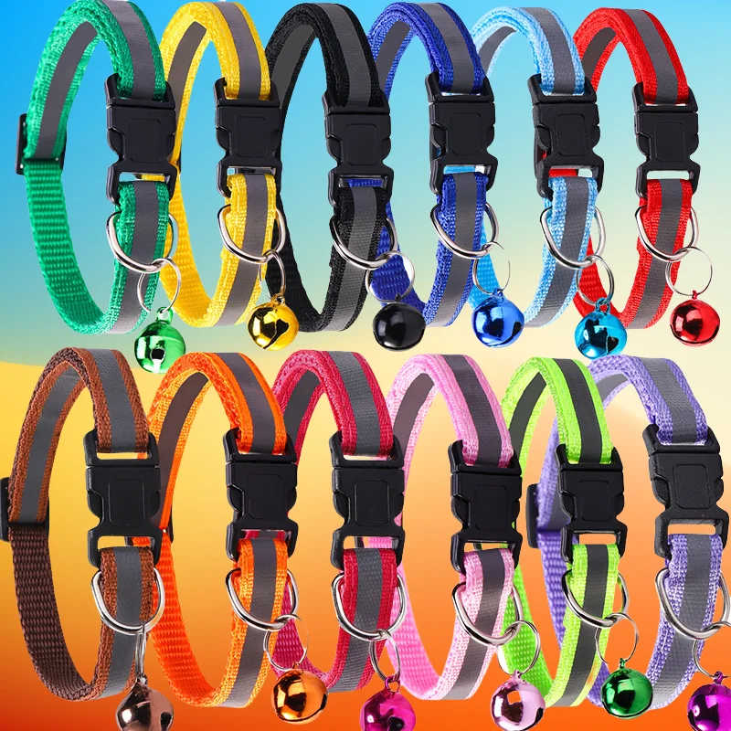 12 Pcs/set Pet Collar with Bell Reflective Cat Necklace Safety Buckle Breakaway Cat Collar Charms