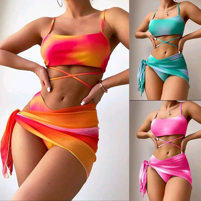 

2025 Bathing Swimming Swim Suit Female Summer Beachwear 3 Pieces Ombre Lace Up Bikini Swimsuit & Beach Skirt Sexy Swimwear Women