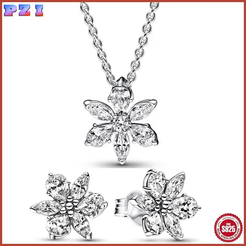 

Authentic 925 Sterling Silver Sparkling Herbarium Cluster Earring Necklace With Crystal For Women Jewelry Set Gift