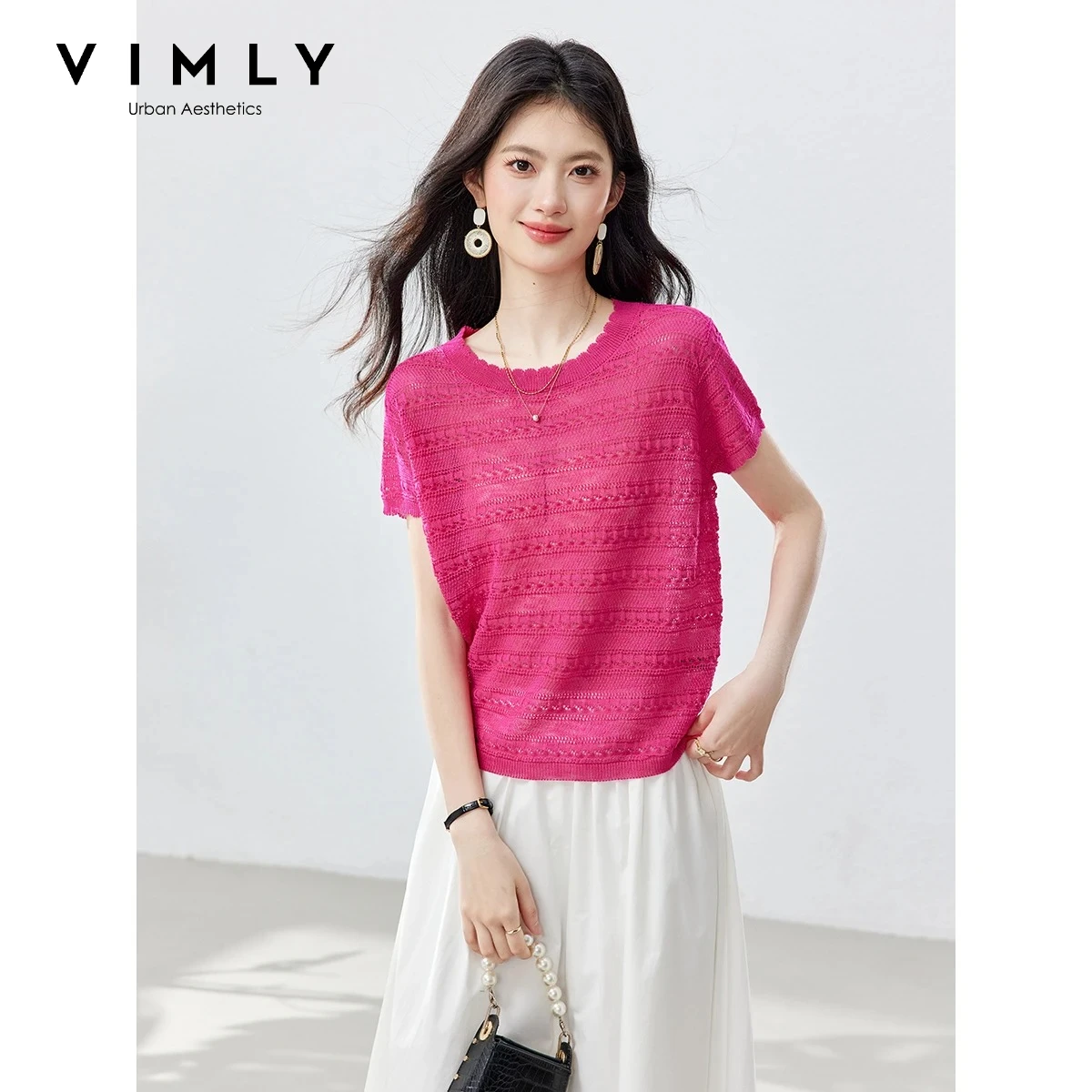 

VIMLY Fashion Casual Hollow Out Knit T-shirt Daily Versatile Round Neck Summer Lightweight Short Sleeve Top Woman Clothes 75365
