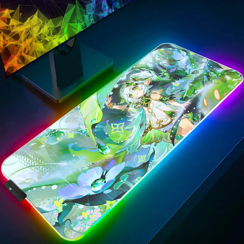 Mouse pad acessórios para jogos rgb computador gamer teclado almofada genshin impacto nahida mesa mouse tapete led pc plantas verdes mousepad