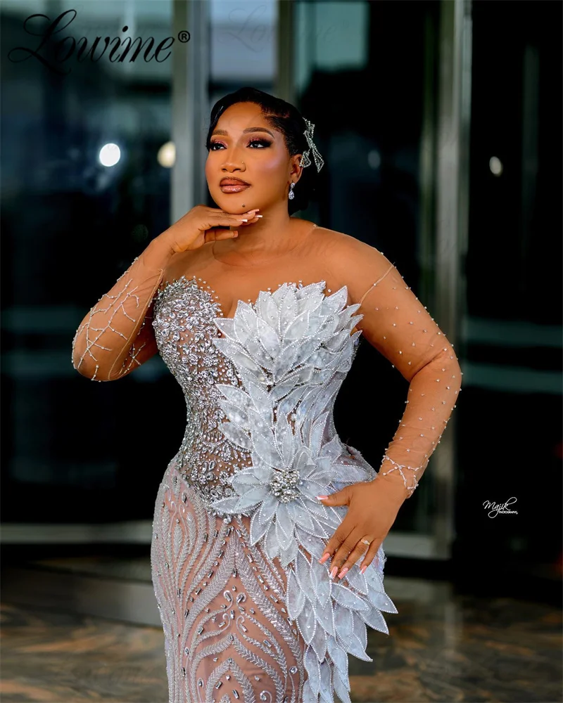 

Вечернее платье больших размеров для свадьбы Aso Ebi Crystals 3D Leaf Русалка Пром платья Африканские кружевные вечерние платья с блестками и длинным рукавом