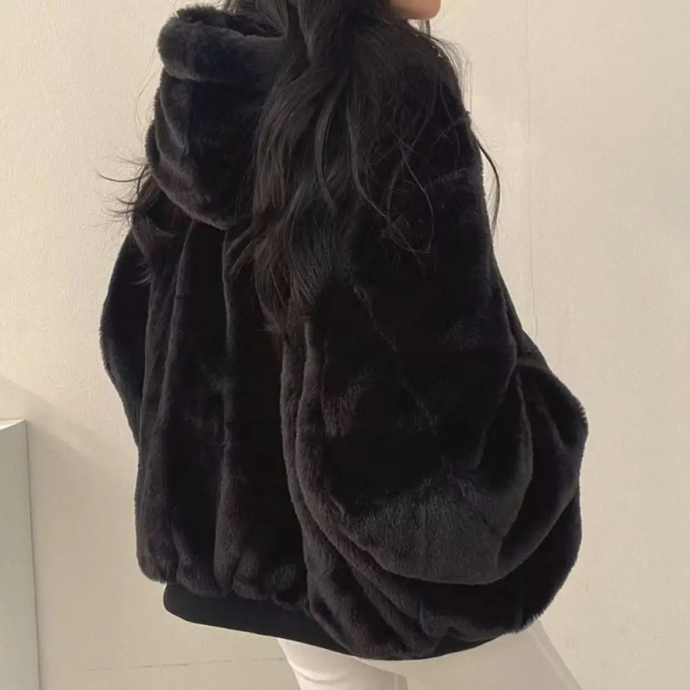 Casual Women Jacket Lady Winter Coat Thick Fleece Lining Loose Hooded Long Sleeves Solid Color Double-sided Wear Zipper Closure