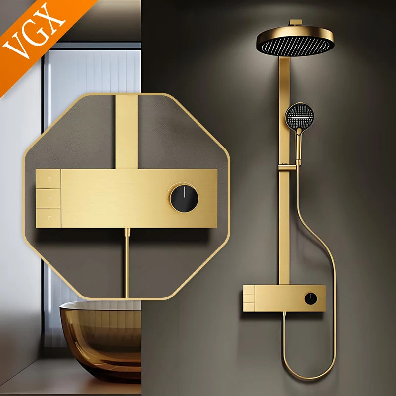VGX Gold Bathroom Shower System Set Luxury Rose Gold Shower Faucet Set Brass Rainfall Shower Head Set Grey Shower Mixer Set