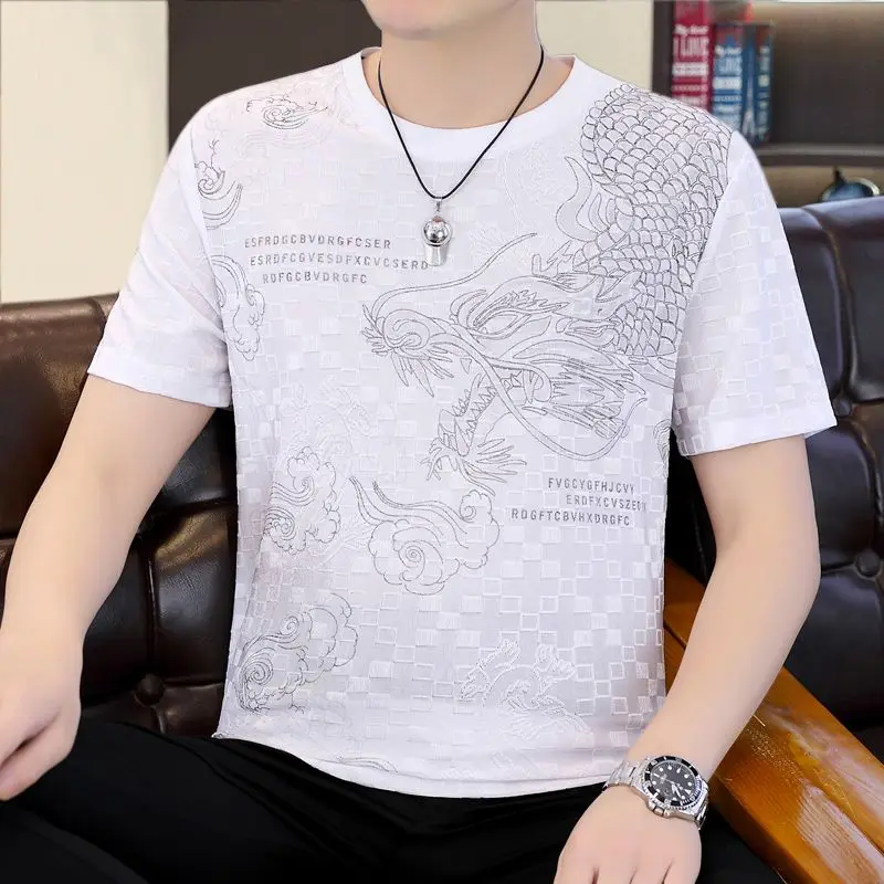 Trend Versatile Summer Men's O-Neck Jacquard Weave Fashion All-match Ethnic Style High Street Slim Short Sleeve T-Shirts Tops