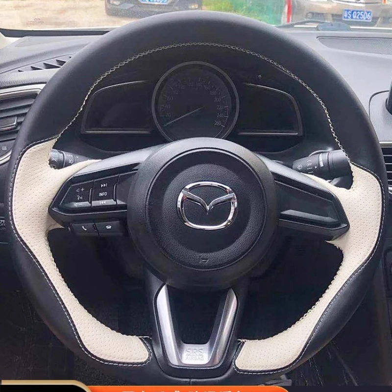 Hand-Stitched Anti-Slip Black White Genuine Leather Car Steering Wheel Cover for Mazda 3 Axela CX3 CX-5 CX5 2017 2018