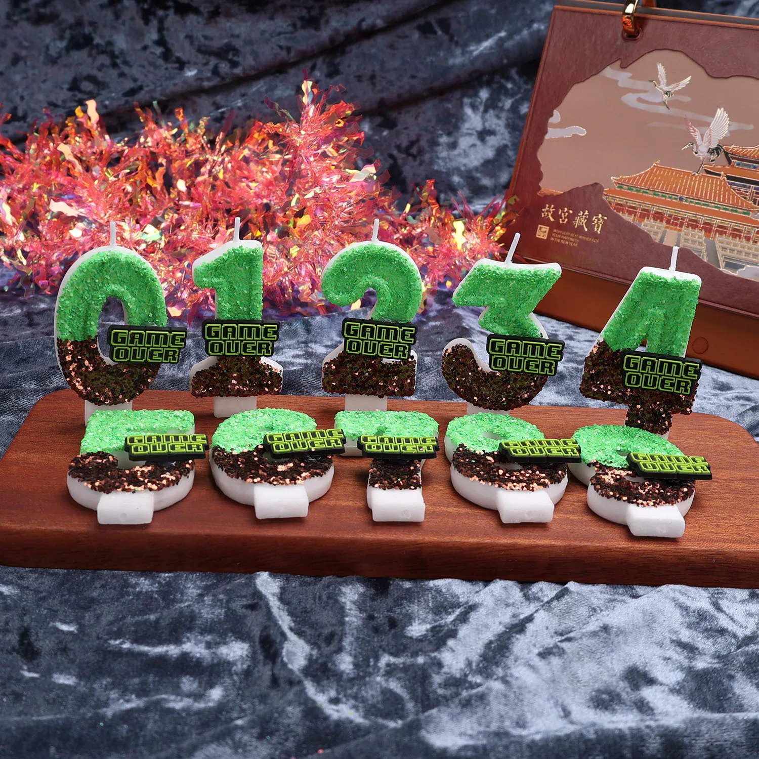 Green-brown GAME OVER Game pixel digital candles, party gifts, holiday decorations, birthday and anniversary candles