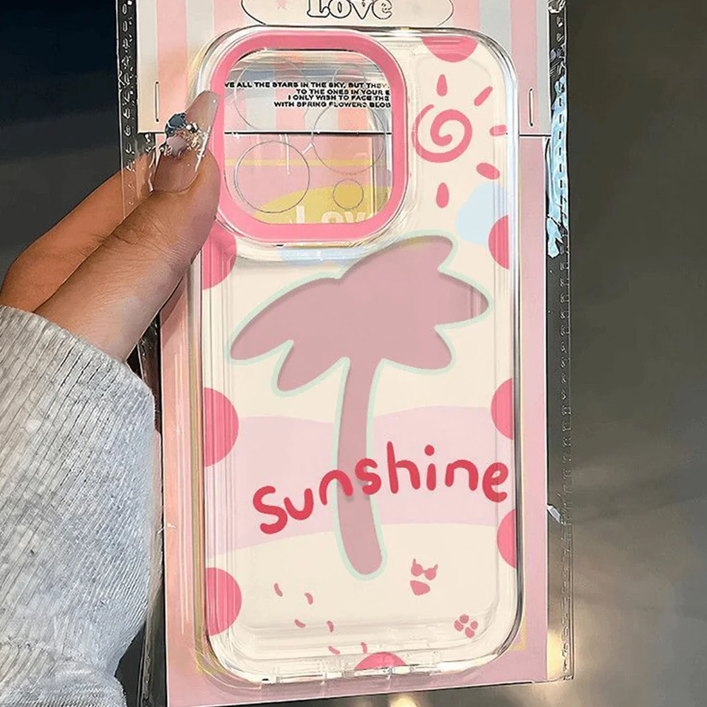 Phone Case For iPhone 16 15 14 13 12 11 8 7 X XS XR Mini Pro Max Plus New INS Graffiti Coconut Tree Print Clear Protective Cover