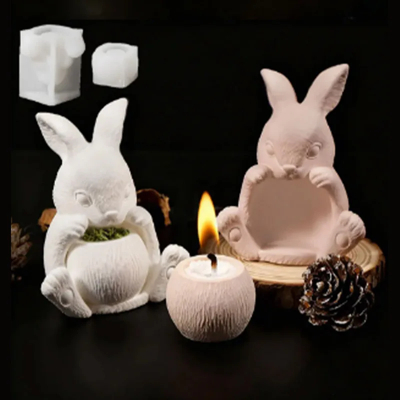 

2-Piece DIY Silicone Mold Set: Heart Bunny & Striped Candle Holder for Cement Resin Craft Planter & Home Decor Making