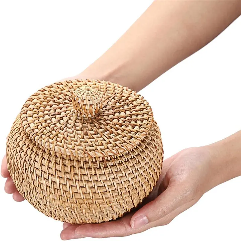 【LIMITED TIME DISCOUNT】Round Rattan Basket With Lid, 6.3" X 5.5", Small Decorative Box In Hand-Woven Wicker For Entryway& Picnic view 2