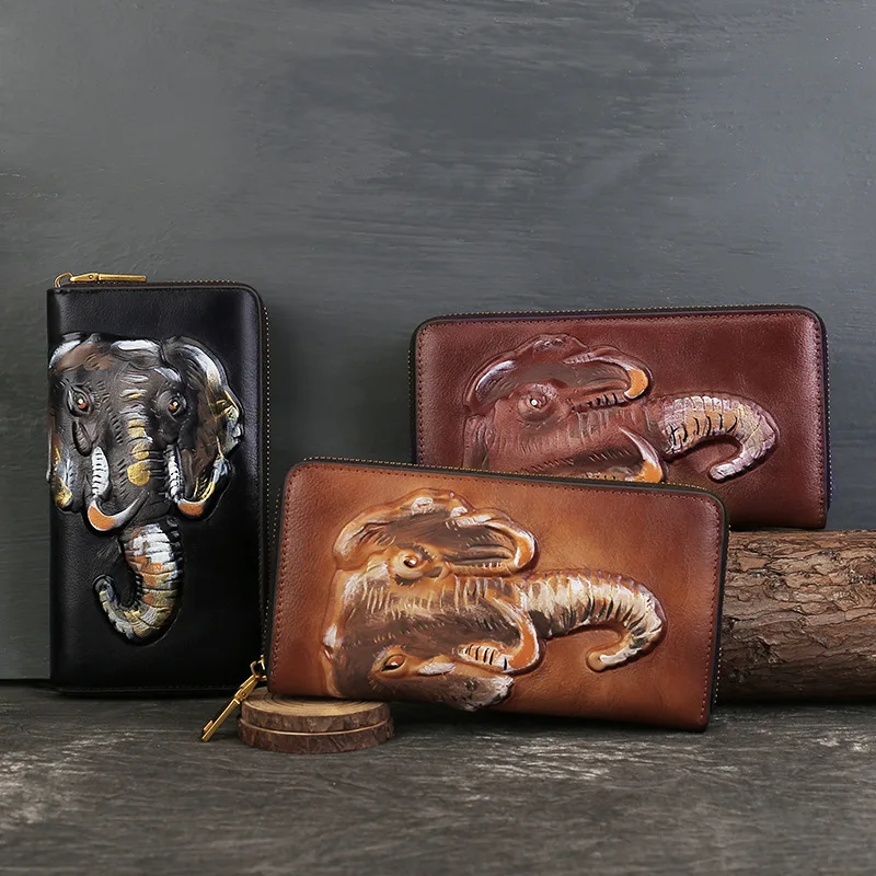 

Genuine leather ladies' wallet, long animal embossed, hand-held vintage cowhide wallet, mobile phone storage