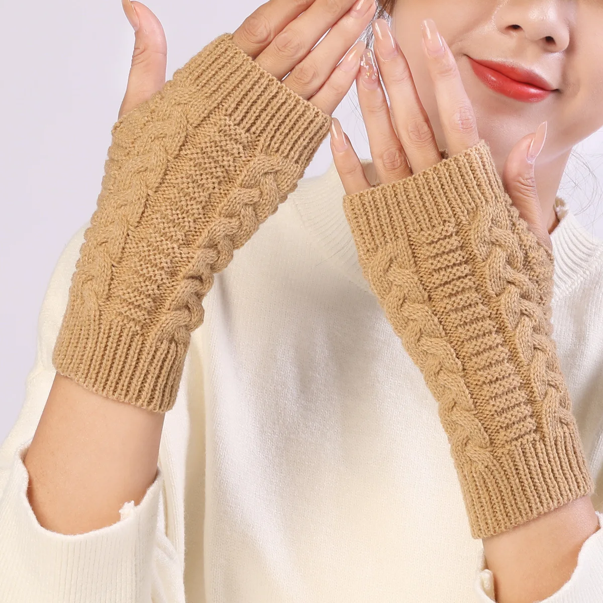 

OVTRB Unisex Winter Half Finger Glove Women Men Warm Braide Knit Fingerless Hand Wrist Glove Arm Warmer Office Autumn Mitten