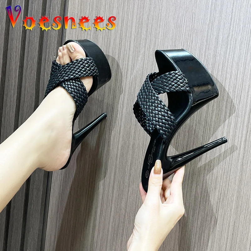 New Brand Women Slippers 15CM Summer Thin High Heels Pumps Black Fashion Weave Sandals Plus Size Europe And America Ladies Shoes