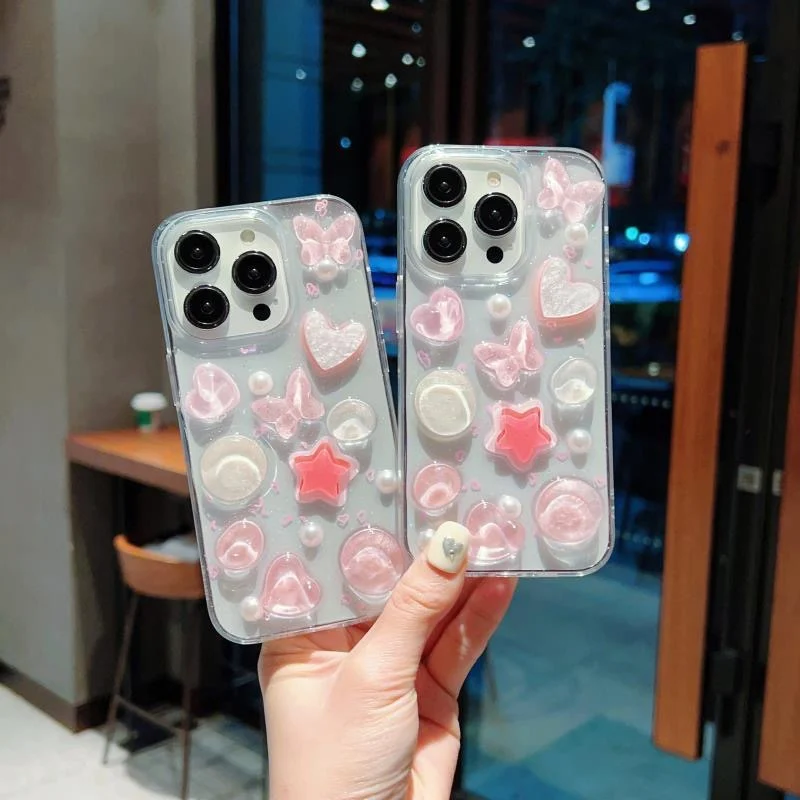 

Phone Case for Iphone 11 12 13 14 15 Pro Max 14 15 Plus INS New Year Love Butterfly Drop Glue Pink Phone Case Silicone SoftShell
