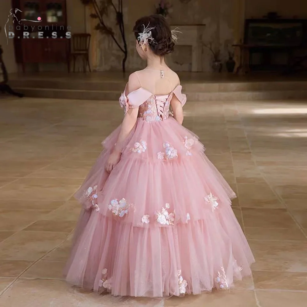 BABYONLIN فستان فتاة الزهور الوردي المخصص برقبة دائرية متدرج من التل على شكل حرف a فستان بوهو منقوش عليه زهور فيستدوس بارا كومونيون