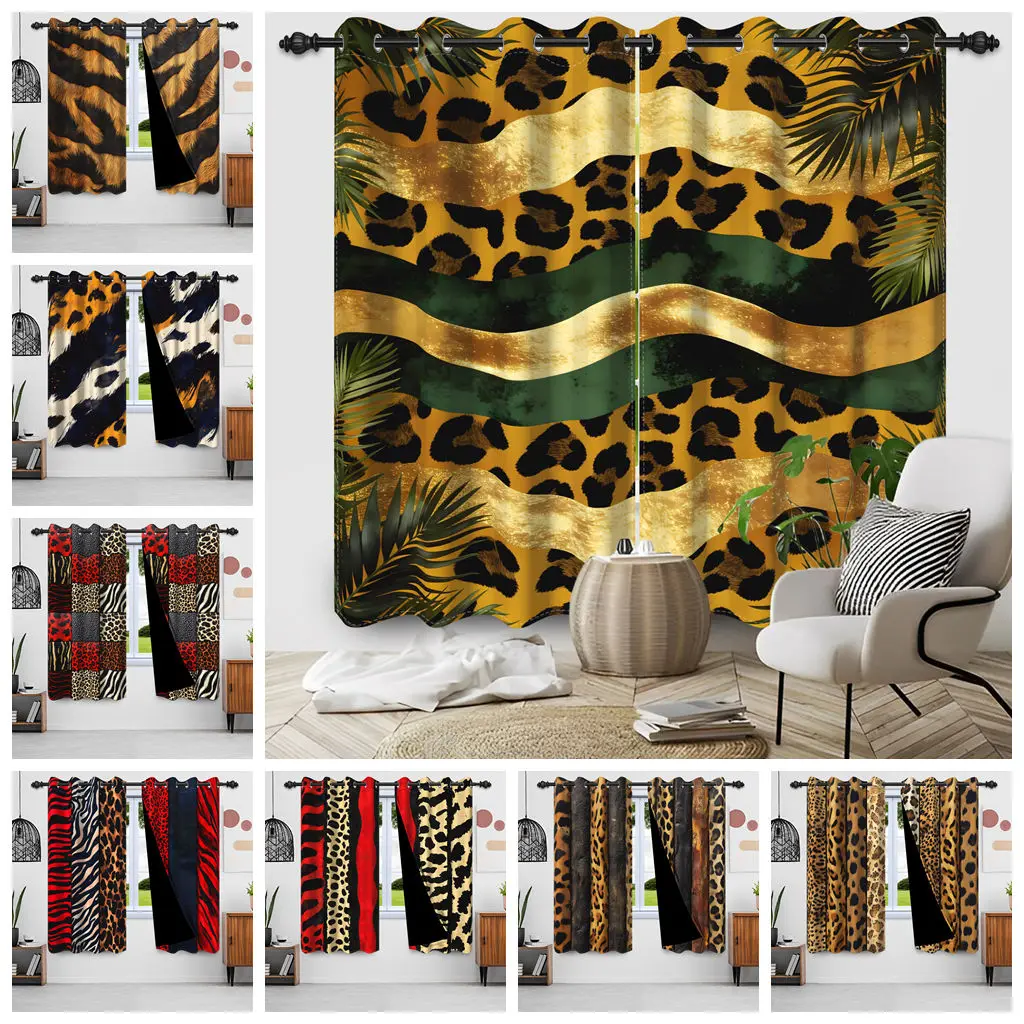 Brown Red Leopard Print Curtains Animal Fur Printed Lightweight Blackout Window Treatments for Girls Bedroom Living Room Decor
