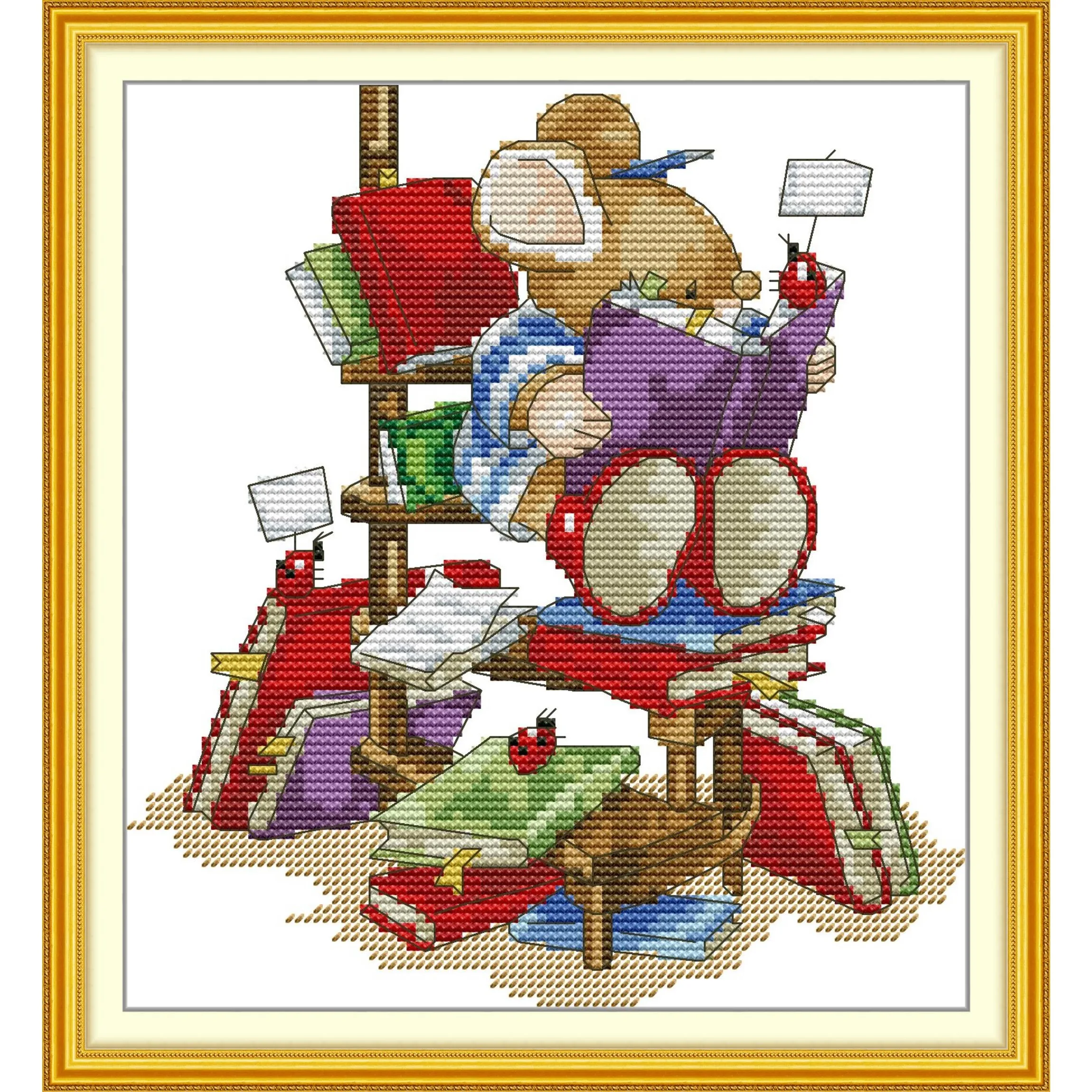 

Joy Sunday Pre-printed Cross Stitch Kit Easy Pattern Aida Stamped Fabric Embroidery Set-The Mouse Who Loves To Read