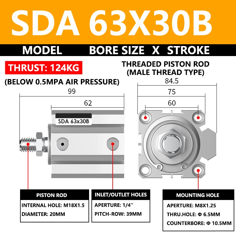 

ABILKEEN SDA63X30B SDA Series Thin Air Cylinder 63MM Male Thread Bore X 30MM Stroke Double Acting Pneumatic Compact Cylinder
