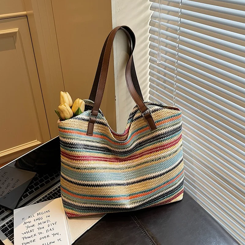 

New Woven Tote Bag for Women Large Capacity Beach Vacation Simple Commuting Bag Lazy Fashionable and Versatile Shoulder Bag