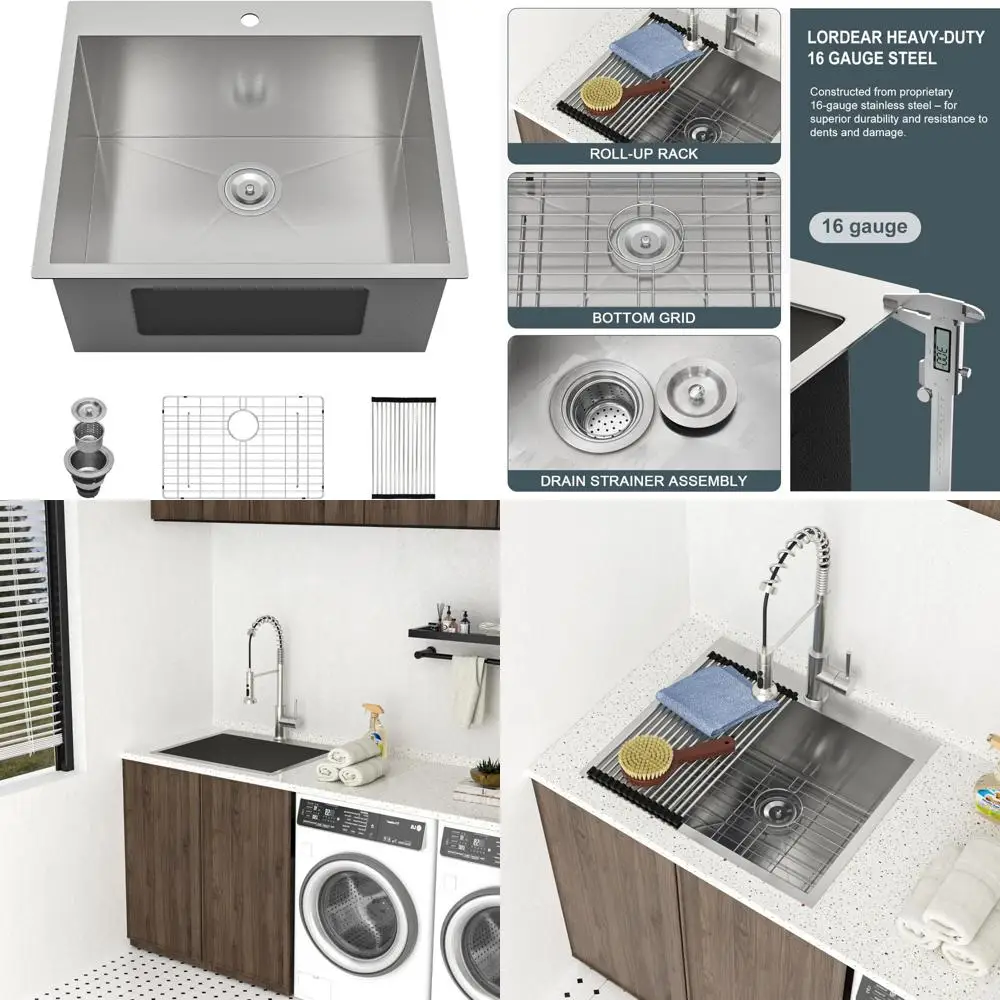 

12 Inch Deep Laundry Sink, 25x22x12 Dimensions, Drop-In Topmount Single Bowl, 16 Gauge Stainless Steel Utility Sink