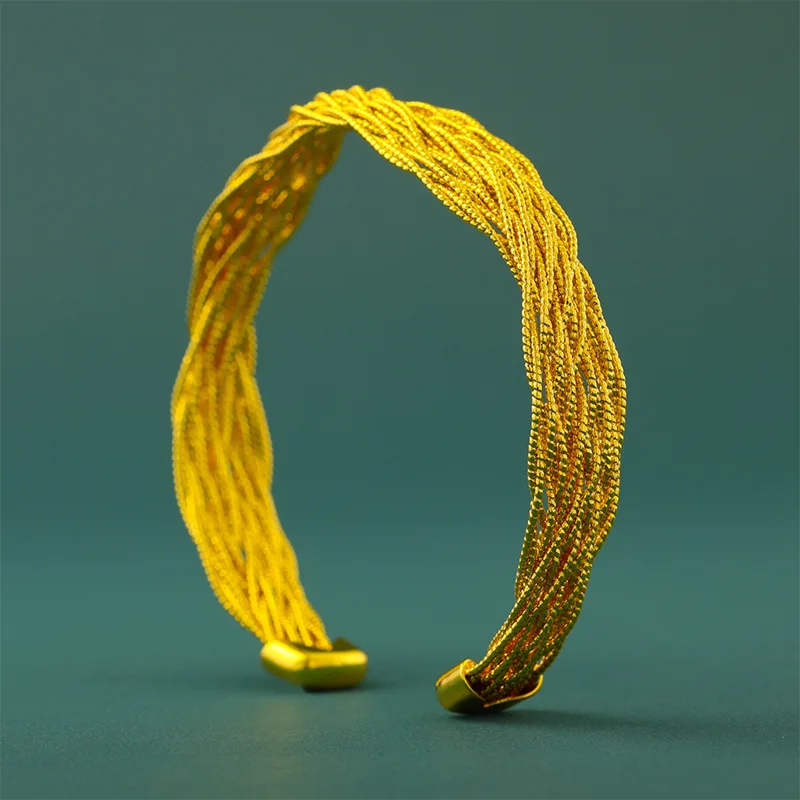 Vintage Chinese Style Lucky Auspicious Wealth Attracting Gold Color Braided Twist Open Cuff Bangle For Women Fashion Adjustable
