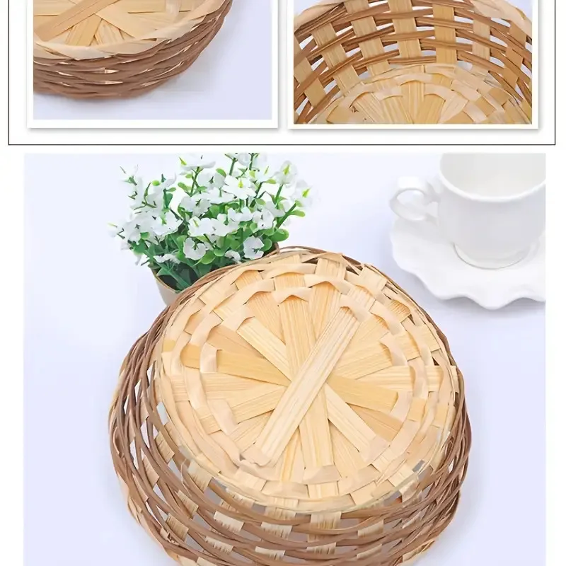 6 قطع من سلال تخزين دائرية منسوجة من الخيزران الطبيعي - سلال تنظيم منزلية مصنوعة يدويًا، حاويات طاولة طعام للرف