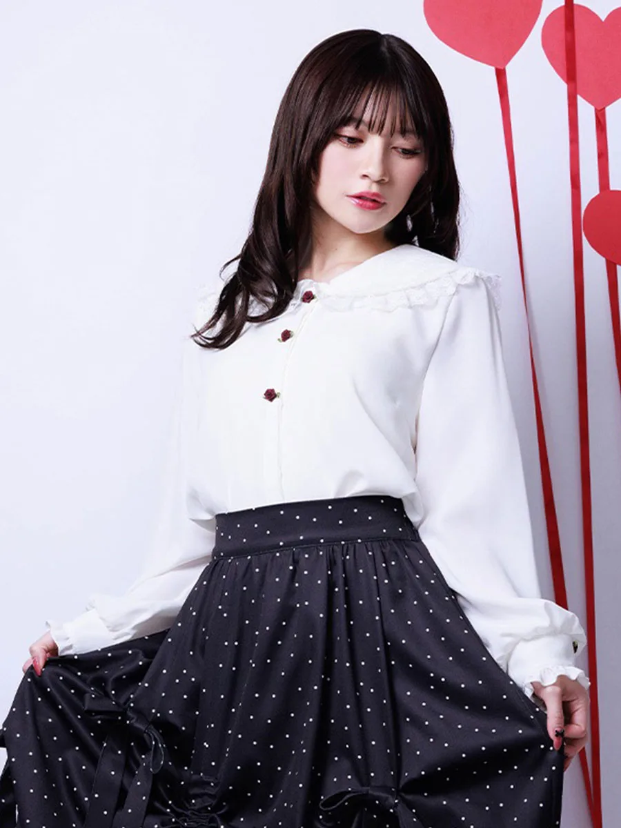

Ele 3D Rose Decorated Lace Long Sve Navy Collar Women's irt Axes Femme Japanese Sle Academy Faion Straight Cut