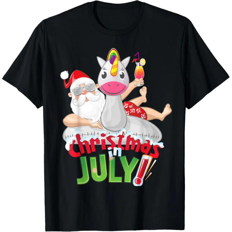 

Christmas shirt fun summer unicorn floating Santa Claus pattern black short sleeved T-shirt