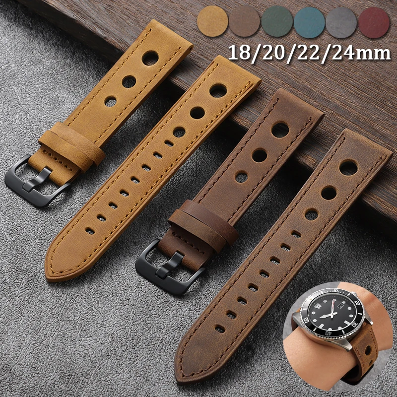 Rally Perforated Crazy Horse Leather Watch Band 18/20/22/24mm for Omega for Seiko Cowhide Strap Breathable Comfortable Bracelet