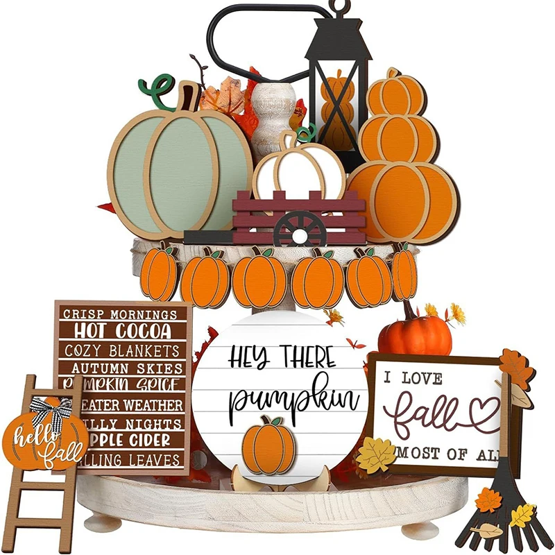 Autumn Tiered Tray Ornament Halloween Thanksgiving Farmhouse Decor Pumpkin Maple Leaf Truck Wooden Sign Crafts