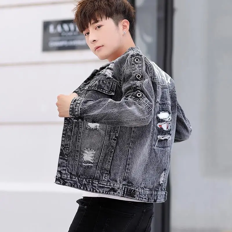 سليم صالح مع ثقب الدينيم الستر رجل العصرية الجمالية كاوبوي معطف للرجال السعر المنخفض تسليم سريع خمر الأصلي روك الرجال