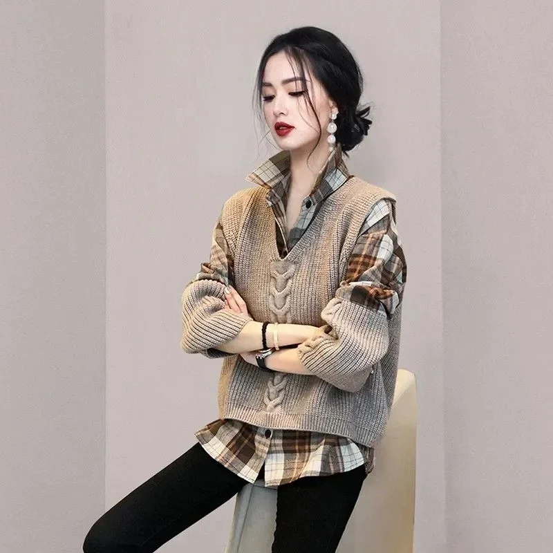 Pop Autumn High-End Feel Light Mature Style Hong Kong Style Patchwork Plaid Shirt Fashion Knitted Vest Two-Piece Set Spring Fema