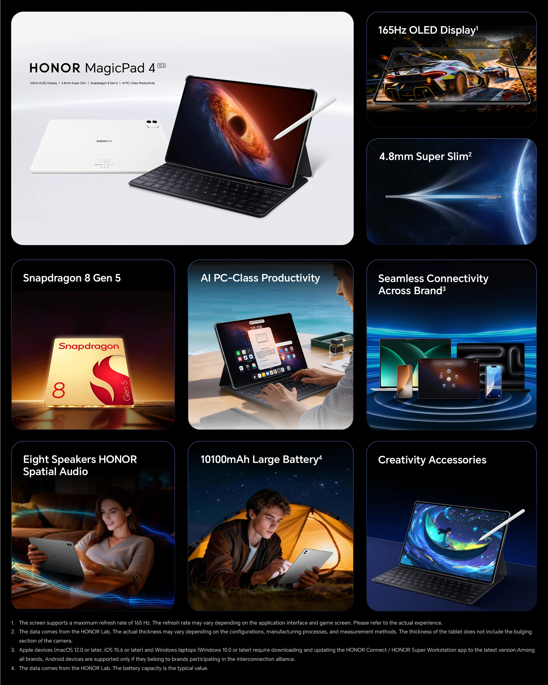 Tableta – HONOR MagicPad 4, Versión UE, Pantalla OLED 12.3″ 165Hz 2400 nits, Batería 10100 mAh, Snapdragon 8 Gen 5, 8 altavoces IMAX, 450g ultraligera, IA integrada, Wi-Fi 7 5