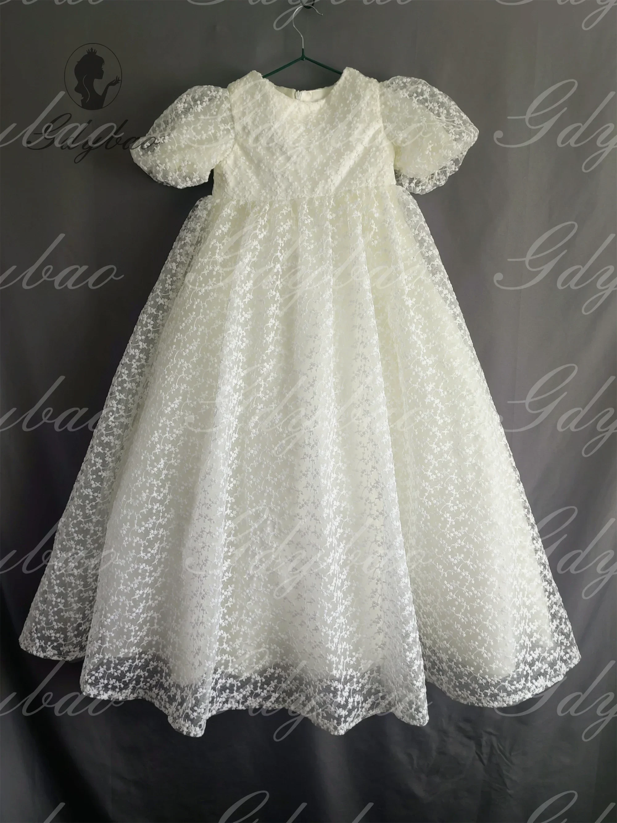 Balloon Sleeve First Communion Gown Hollow Out Lace Flower Girl Dresses for Wedding Customized High Waist Toddlers Birthday Gown