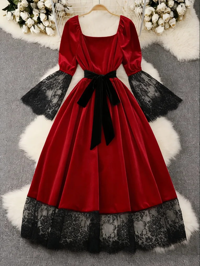 

plus Size Women's Red Velvet Evening Dress Lace Square Neck Long Sleeve Floor Length A-Line Gown for Women