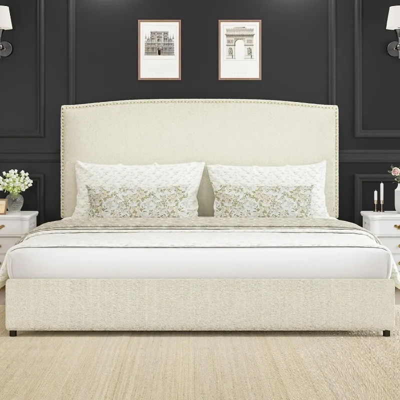 

King Size Upholstered Platform Bed Frame with 56" Headboard, Soft Boucle Fabric, Mid-Century Modern Design, No B